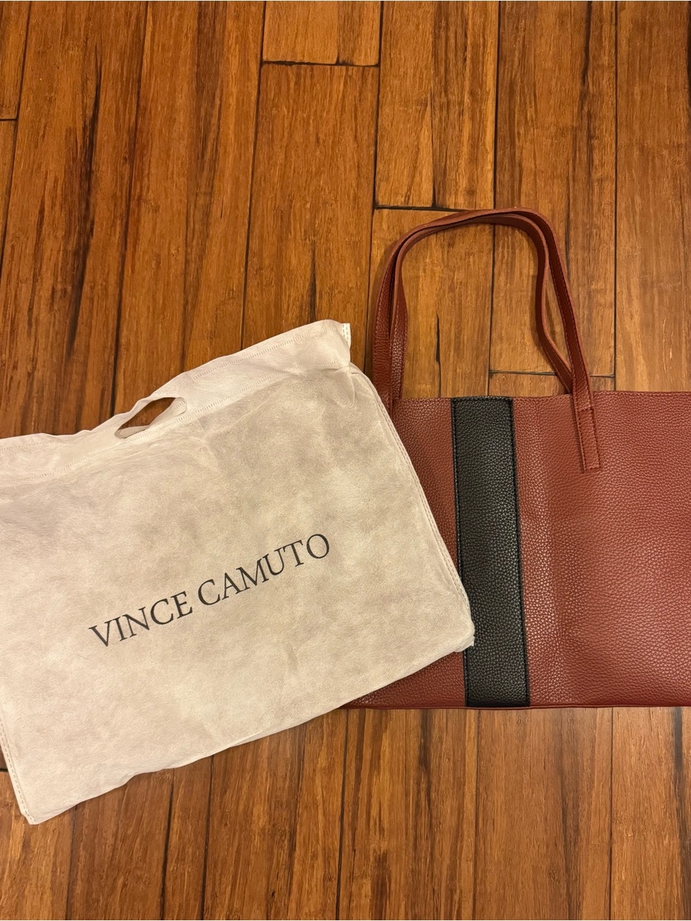 Vince Camuto Luck Vegan Leather Tote Bag Cognac Brown Black Stripe w/ Dust Bag